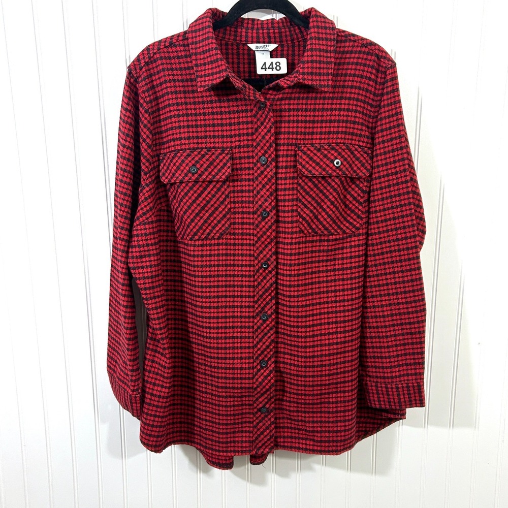 Duluth Trading Co Folklore Flannel Shirt Red Black Gingham Plaid 1X Pockets NWT - Picture 3 of 7